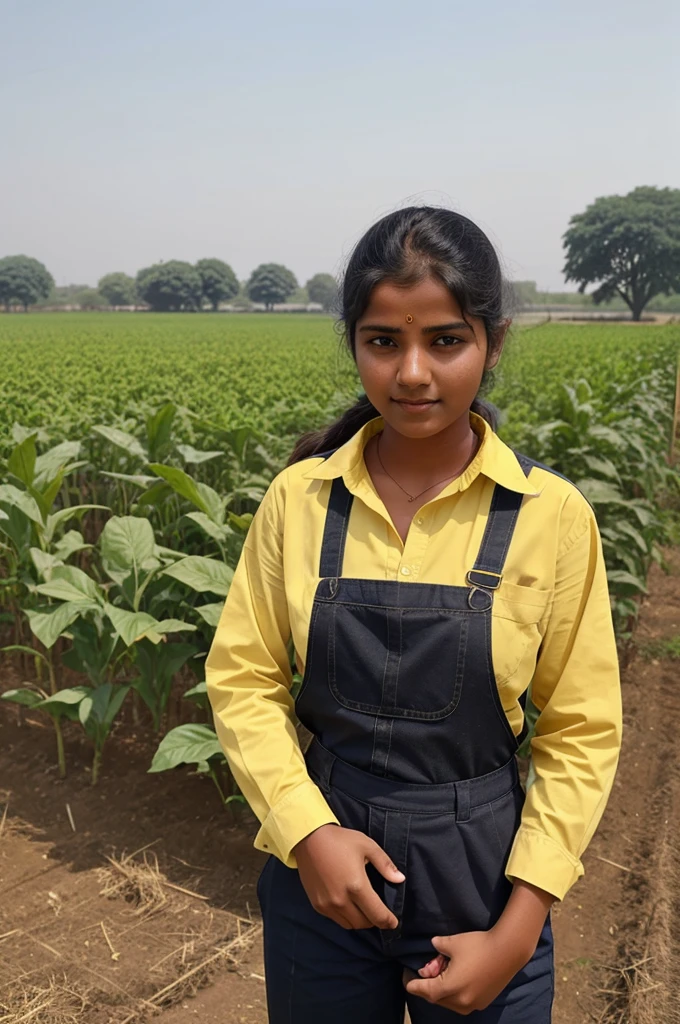 5 agriculture science student doing work in feild and wearing college uniform yellow shirt and black pant & the students are belongs to india so the skin color is fair