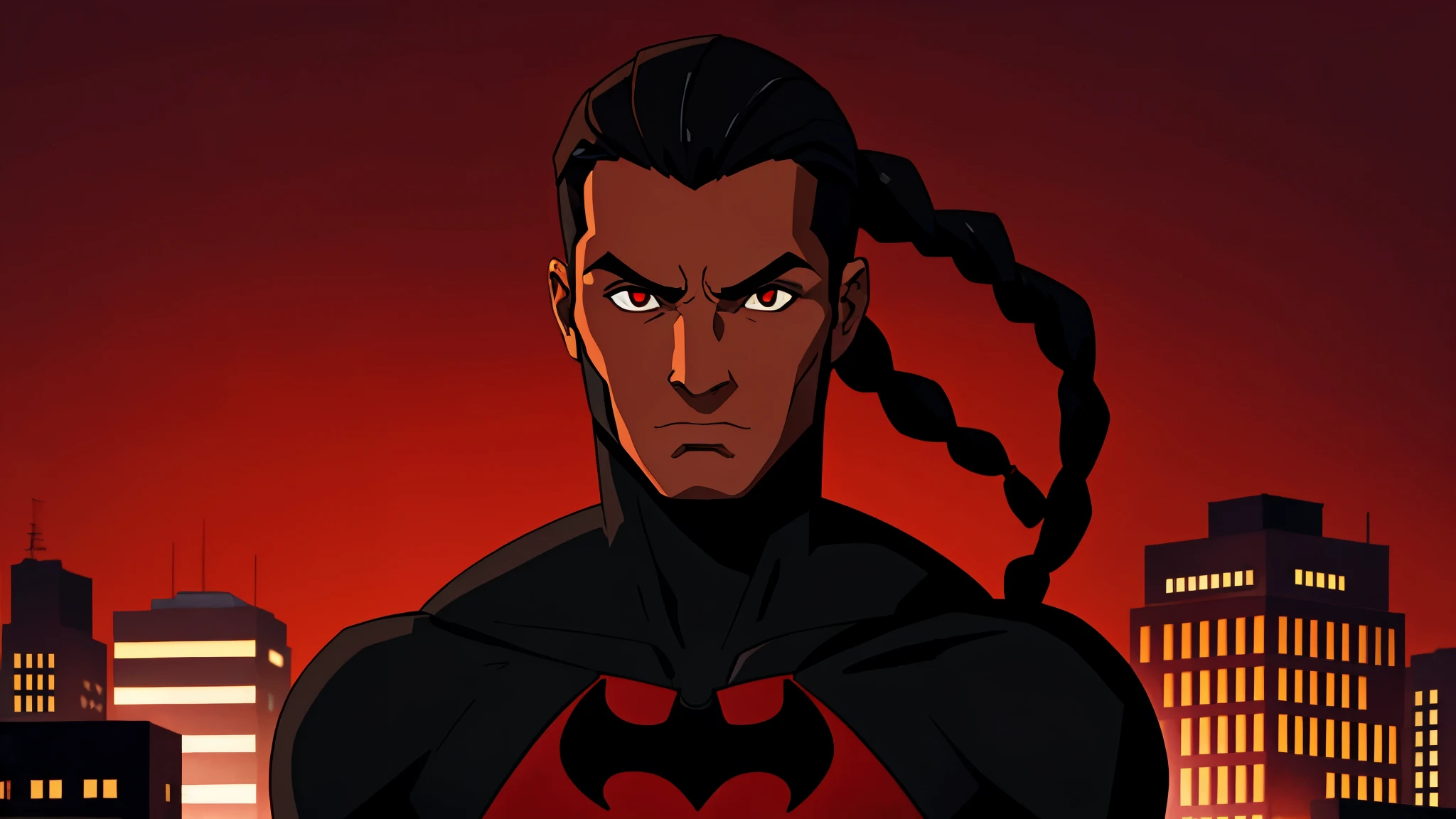 Batman without mask with brown skin color, with black braids with red tips, on top of a building with a red background 