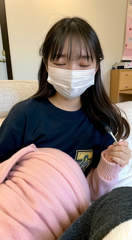 Girl  with a vibrator,vibratorを咥える、スリムなjunior high school student with too big, 15 years old, sleeping on bed, plump, closing eyes, falling down, yawning, excitement, mask,