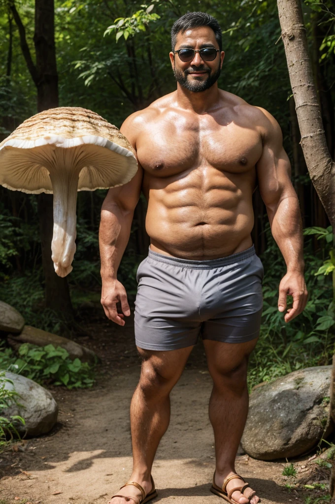 Realistic style，In the forest，亚洲男人戴sunglasses躺在小溪边中，40 years old Asian man，sunglasses，Looking at the camera，Legs raised，Place your hands on your chest，beard，Floral shirt，A kind expression，Friendly attitude，A polite greeting，Brown skin，Oily skin，Big nipples，Thick Chest Hair，(Fat-wrapped muscles)，Mermaid line，Grey swimming trunks，(There is a giant oyster sauce mushroom in my pants)，(Geoduck crotch silhouette)，Leg hair，thick body fur，Black body hair，Leg hair，sandals，toe，full-body shot，Real person photos，Anatomically correct limbs，full-body shot，cloudy day，Dim light，Delicate skin texture，Soft Light，Low contrast images，Highest quality，4k quality，