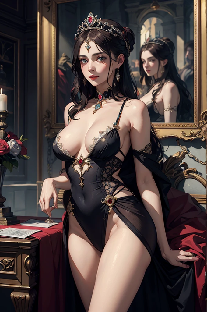 ((best quality)), ((masterpiece)), (detailed), Queen Salomè as in moreau's picture, sensual, elegant, on her face a serious and sad expression, nice breasts, long legs