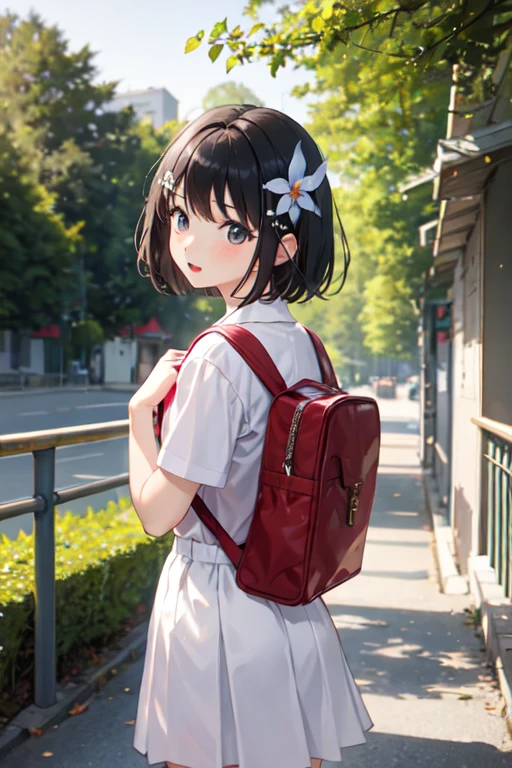 Highest quality、Black Hair、Iris、short hair、girl、cute、、、Small hair ornament、Primary schored school bag、Looking back