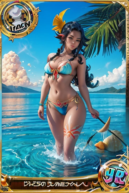 Trading card of , volcano erupting, award winning (full body:1.3) portrait photo of a (moana:1.2), (seashell bikini:1.2), (water goddess:1.2), tribal tattoos, (wading:1.2) in the pacific (ocean:1.1), arms behind head, (partially submerged shot:1.2), (waves:0.9), desert island background, palm trees, beach,fluffy clouds in the sky, outrun, vaporware, trending on artstation, highly detailed, fine detail, intricate, (lens flare:0.9), (backlighting:0.9), (bloom:0.9), [Style-Micro::10]