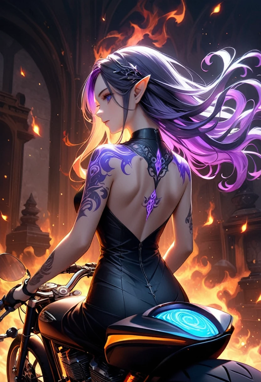Arafed, Dark fantasy art, fantasy art, goth art, a picture of a tattoo on the back of a female elf, a glowing tattoo of a ((motorcycle: 1.3)) on the elf's back, the ((motorcycle tattoo)) is vivid, intricate detailed coming to life from the ink to real life, GlowingRunesAI_purple, ((fire surrounds the motorcycle: 1.5)), shot taken from the back, ((the back is visible: 1.3), she wears a transparent black dress, the dress is elegant, flowing, elven style, that the tattoos glow, dynamic hair color, dynamic hair style, faize,, Digital Painting