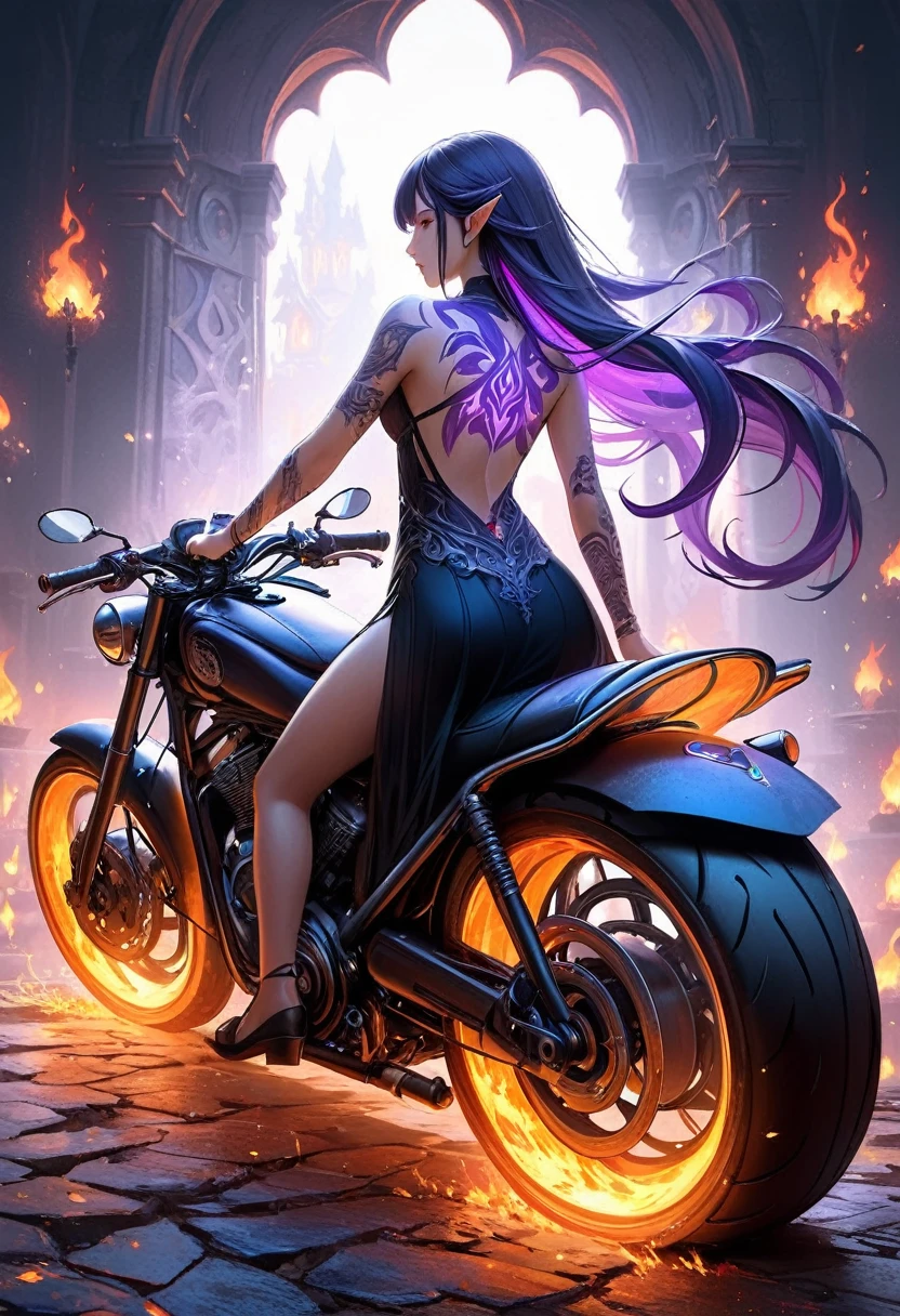 Arafed, Dark fantasy art, fantasy art, goth art, a picture of a tattoo on the back of a female elf, a glowing tattoo of a ((motorcycle: 1.3)) on the elf's back, the ((motorcycle tattoo)) is vivid, intricate detailed coming to life from the ink to real life, GlowingRunesAI_purple, ((fire surrounds the motorcycle: 1.5)), shot taken from the back, ((the back is visible: 1.3), she wears a transparent black dress, the dress is elegant, flowing, elven style, that the tattoos glow, dynamic hair color, dynamic hair style, faize,, Digital Painting