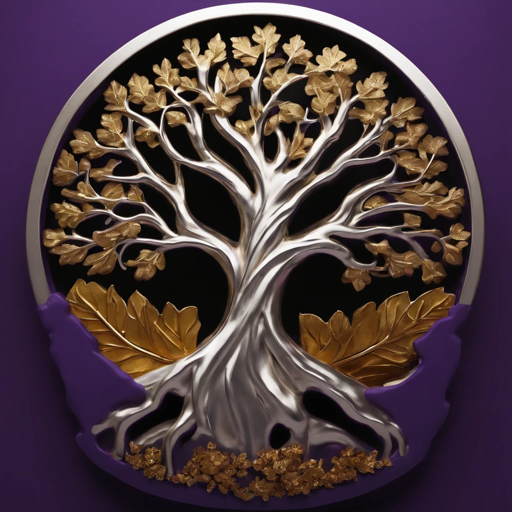 Create a logo showing a tall oak tree made out of solid sterling silver trunk and gold leaves. Purple background