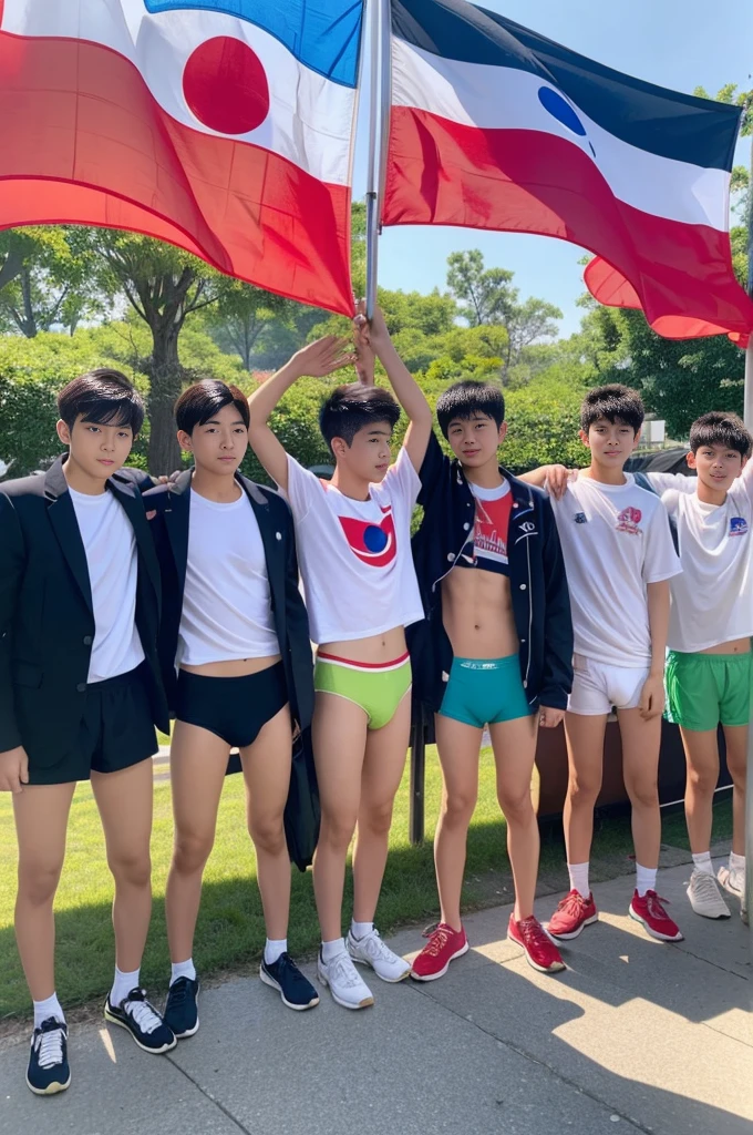 group of teenagers,Young Korean men stand in line in front of the board, standing in three rows to salute the national flag., Outdoor flagpole lawn in the morning.Wear brightly colored panties. , 