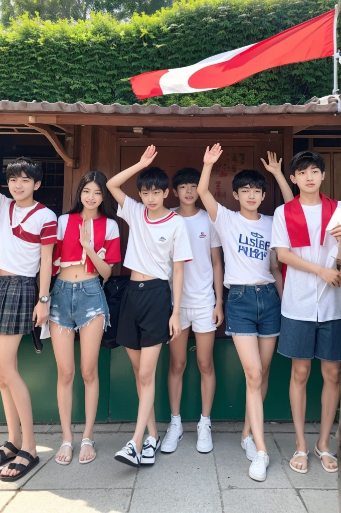 group of teenagers,Young Korean men stand in line in front of the board, standing in three rows to salute the national flag., Outdoor flagpole lawn in the morning.Wear brightly colored panties. , 