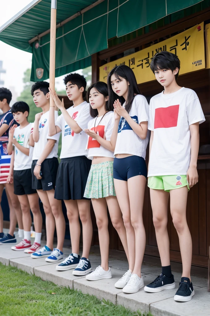 group of ,Young Korean men stand in line in front of the board, standing in three rows to salute the national flag., Outdoor flagpole lawn in the morning.Wear brightly colored panties. , 
