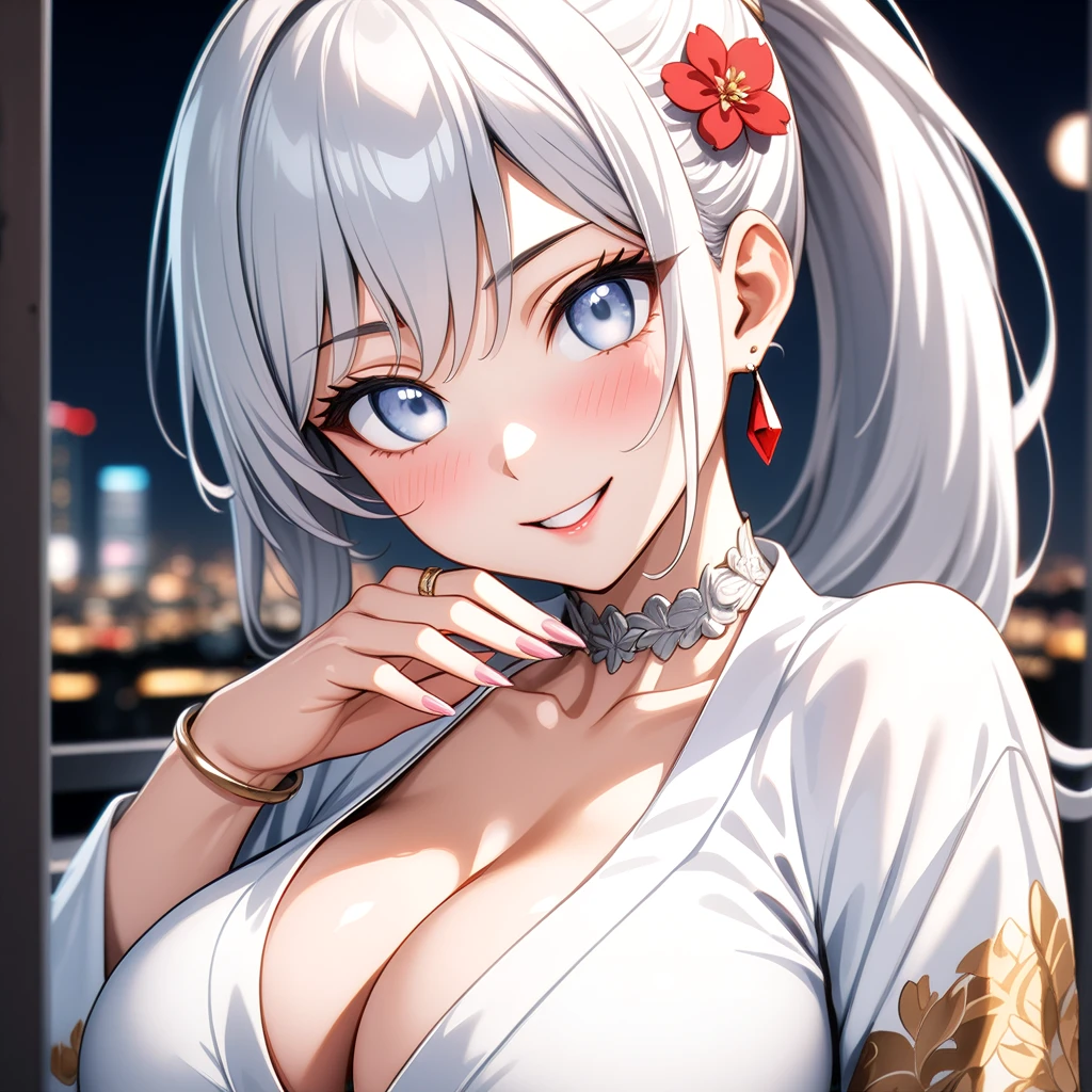 ((One personの女性)), Beautiful Face, Laughing embarrassedly, (laugh:1.2),((Wink:1.9)), (head tilt:1.3), Laugh with your mouth wide open, upper teeth, looking at viewer, ((full-face blush:1.6)),Glossy Red Lips, Night view, Skyscraper rooftop, firework, Glossy red lips, Shining Face, ((Anime style background)),masterpiece, Highest quality, so beautiful,up to date, Complex details, (Pink long nails),(ring),(bracelet),(Floral choker),AI-generated, Complex,High resolution, Highest quality, super high quality,3D Images、3D Images, One person, Long white hair, High Ponytail, Anime woman posing for a photo, (blue eyes), ((Fine grain、Silvery white, lightly pigmented eyes、Shining Eyes:1.5)), (Squint your eyes:1.1),a hyperRealistic , hyperRealistic , Realistic,Anime woman with long white hair, Smooth anime CG art, (A woman in a colorful kimono with gold embroidery), ((Black long sleeve kimono)),(Red floral pattern),Long flower hair ornament,Earrings,Mature Body,(Big Breasts:1.1),Tall,Abdominal muscles,Tight waist,(face focus:1.2), (front view),