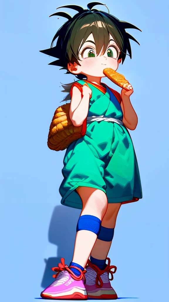 Goku from dragon ball z, holding a cane while eating bread, friendly face, blue colored room background, Red and green, detailed, No deformities, only one, improved perspectives, almost bright light