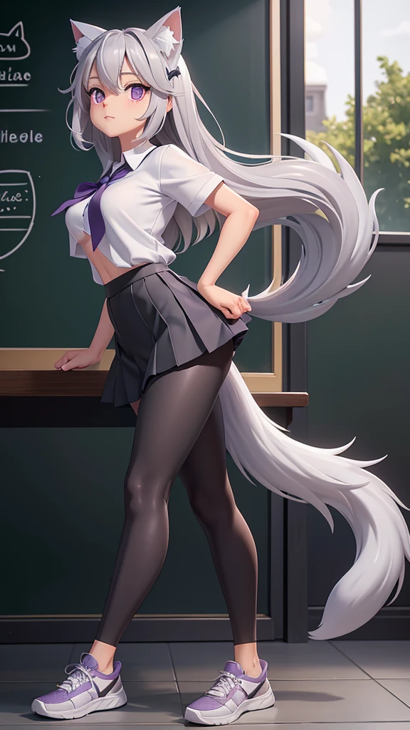 Naked, nude , medium natural breasts, silver hair, cat ears, two bell clips, purple eyes, fluffy silver tail, open school shirt, blue wide skirt, black and white leggings, white sneakers, school class, near the blackboard