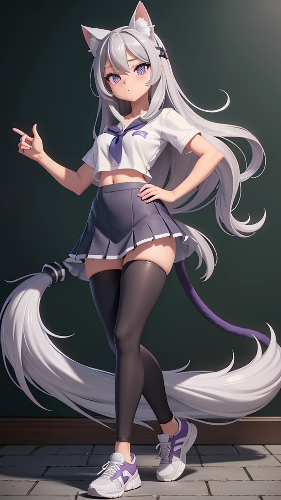 Naked, nude , medium natural breasts, silver hair, cat ears, two bell clips, purple eyes, fluffy silver tail, open school shirt, blue wide skirt, black and white leggings, white sneakers, school class, near the blackboard