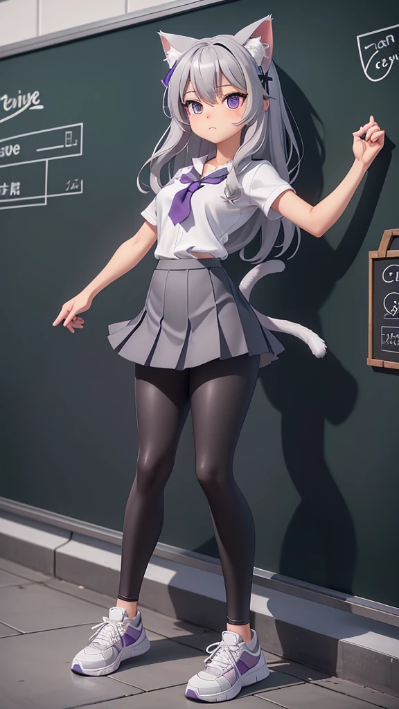 Naked, nude , medium natural breasts, silver hair, cat ears, two bell clips, purple eyes, fluffy silver tail, open school shirt, blue wide skirt, black and white leggings, white sneakers, school class, near the blackboard