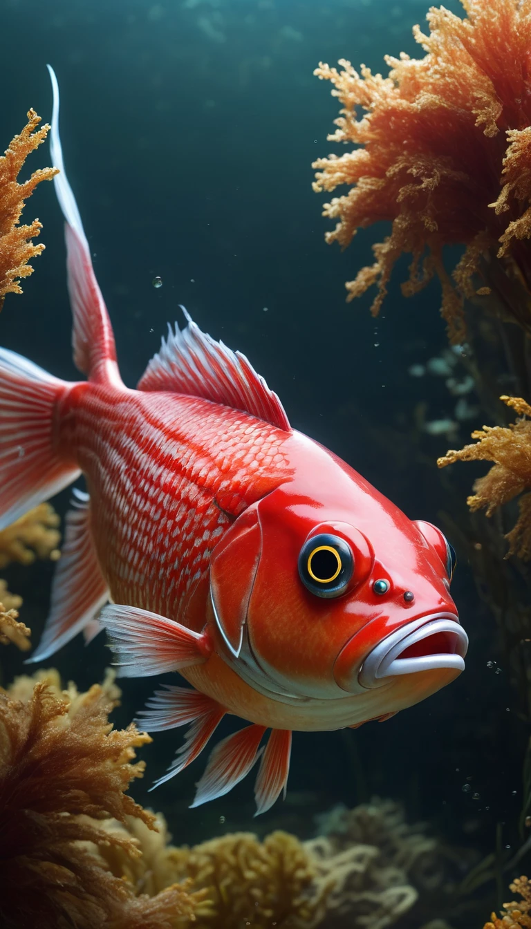 Panorama，河里有一种Mysterious Creatures：Red fish body，Fish head looks like a human face，Mysterious Creatures, shrike, (best quality，4K，8K，High level，masterpiece：1.2），Ultra Detailed，（lifelike，Photo real，Photo real：1.37），Highly detailed animals，Complex patterns，Realistic lighting，Fantasy Creatures