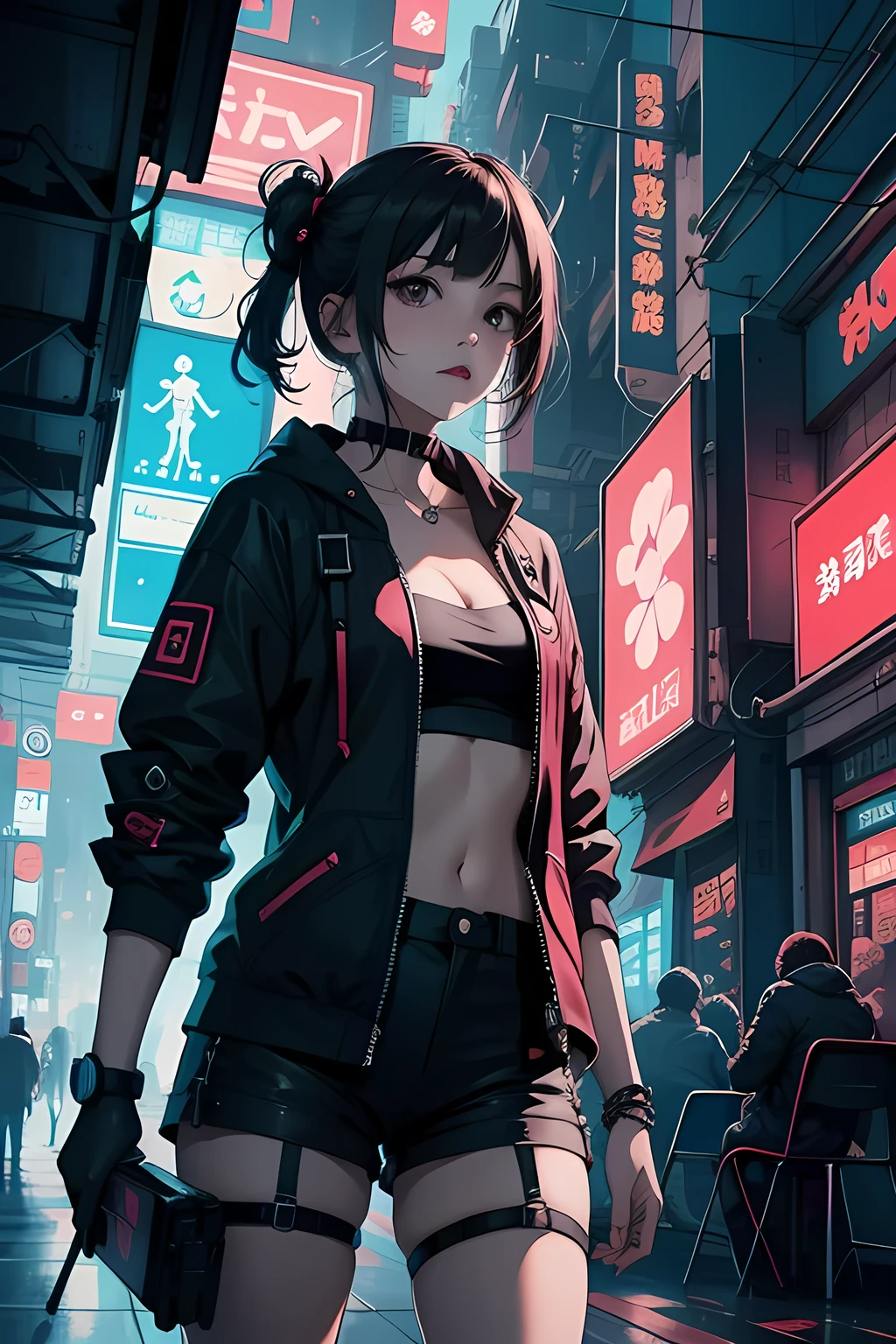 a girl, kawaii, cyberpunk, colorful, key visual, vibrant, technical drawing, masterpiece