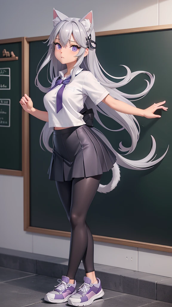 Naked, nude , medium natural breasts, silver hair, cat ears, two bell clips, purple eyes, fluffy silver tail, open school shirt, blue wide skirt, black and white leggings, white sneakers, school class, near the blackboard