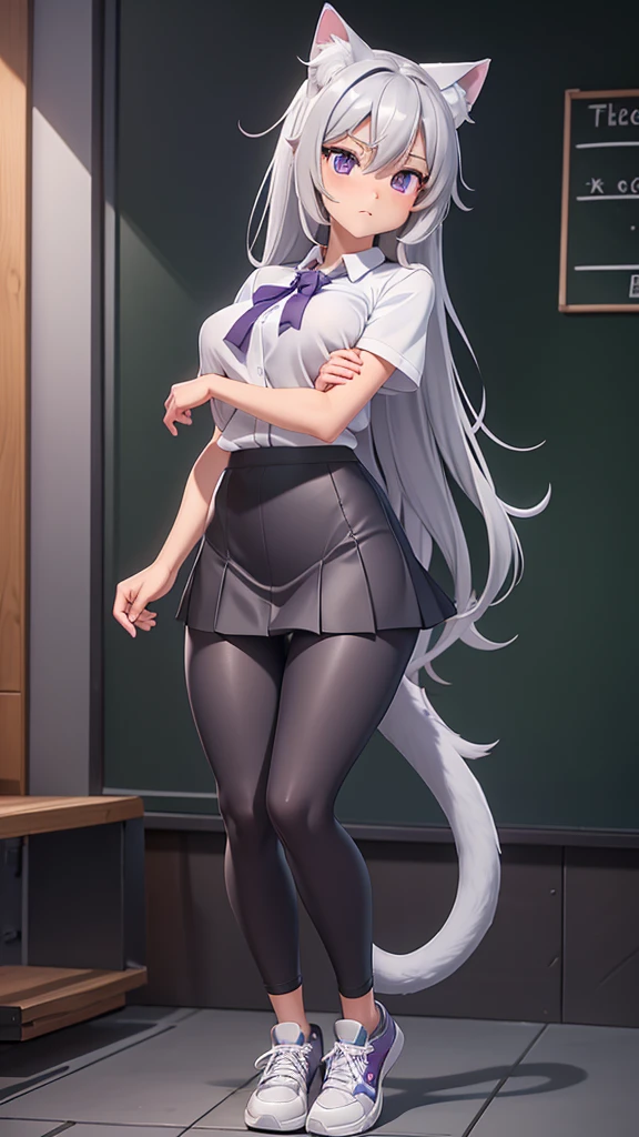 Naked, nude , medium natural breasts, silver hair, cat ears, two bell clips, purple eyes, fluffy silver tail, open school shirt, blue wide skirt, black and white leggings, white sneakers, school class, near the blackboard