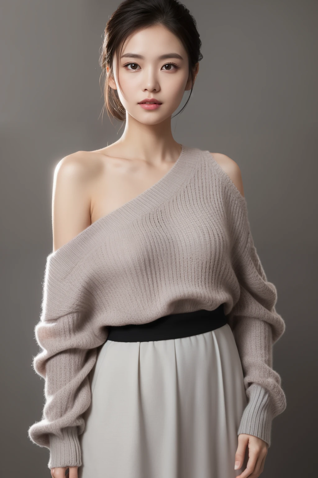 asian lady, She is wearing a soft pink sweater relaxed neckline that casually ((drapes off one shoulder)), exposing slender shoulders with black bra trap, ((mid-shot, full body, slender waist)), Hair Up Do、 Glowing eyes, nose blush, Carl Larsson, Alfonse Mucha, Chiaroscuro, Film Glenn, reflective light, (((long-Shot))), knee to top,longshot show (((full body))), masterpiece, high details, ((gray background, studio light ))