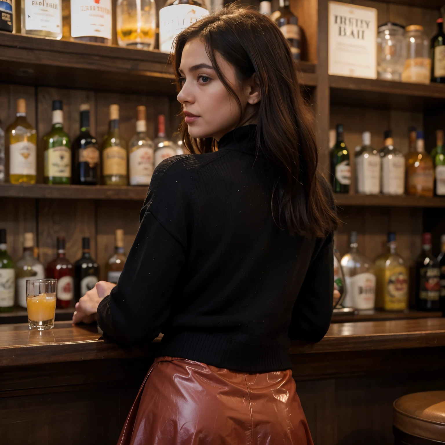 Girl, bright red latex skirt, casual black sweater, bar, from behind. crowded bar, men, realistic, high quality