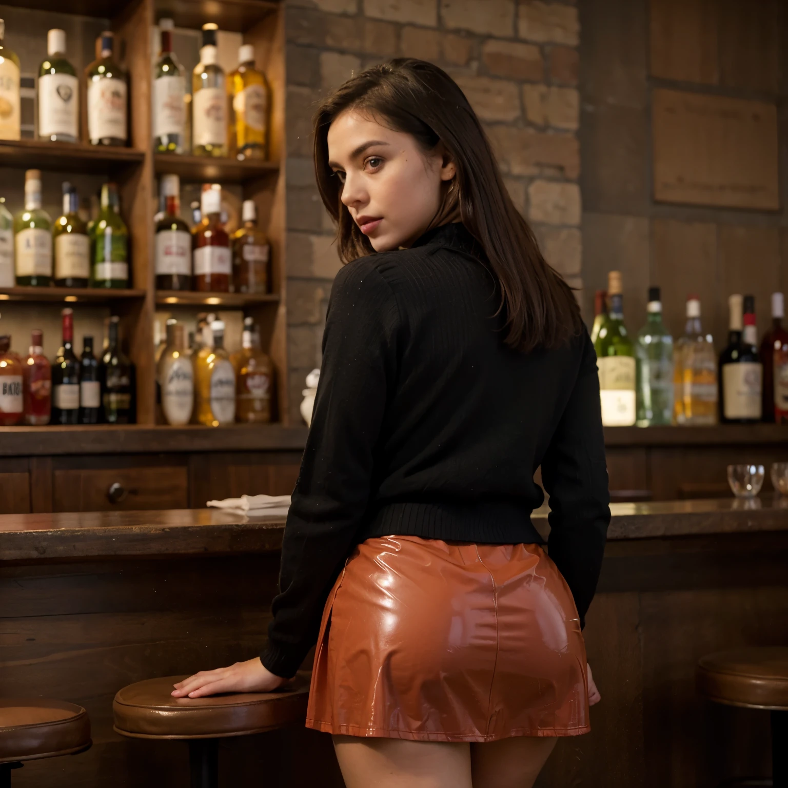 Girl, bright red latex skirt, casual black sweater, bar, from behind. crowded bar, men, realistic, high quality
