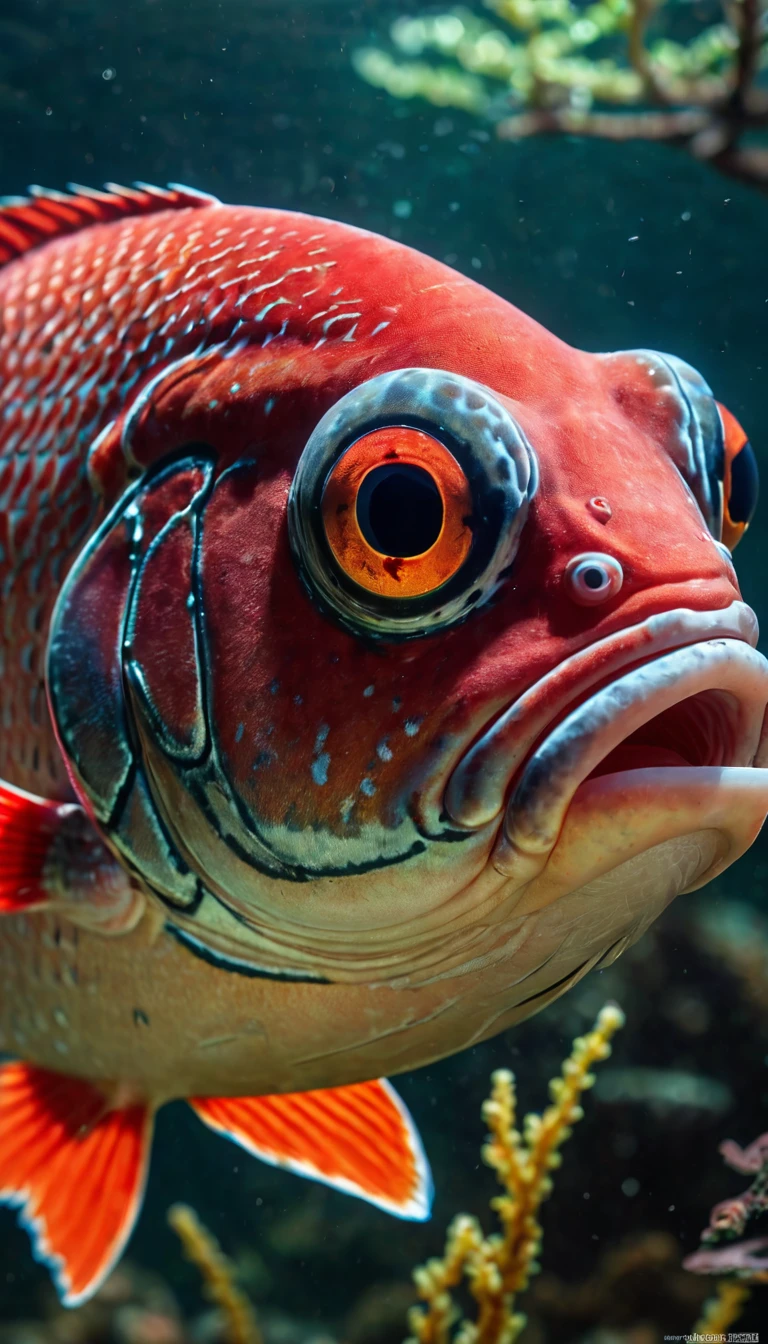 Panorama,河里有一种Mysterious Creatures:Red fish body,Fish head looks like a human face,Mysterious Creatures, shrike, (best quality,4K,8K,High level,masterpiece:1.2),Ultra Detailed,(lifelike,Photo real,Photo real:1.37),Highly detailed animals,Complex patterns,Realistic lighting,Fantasy Creatures