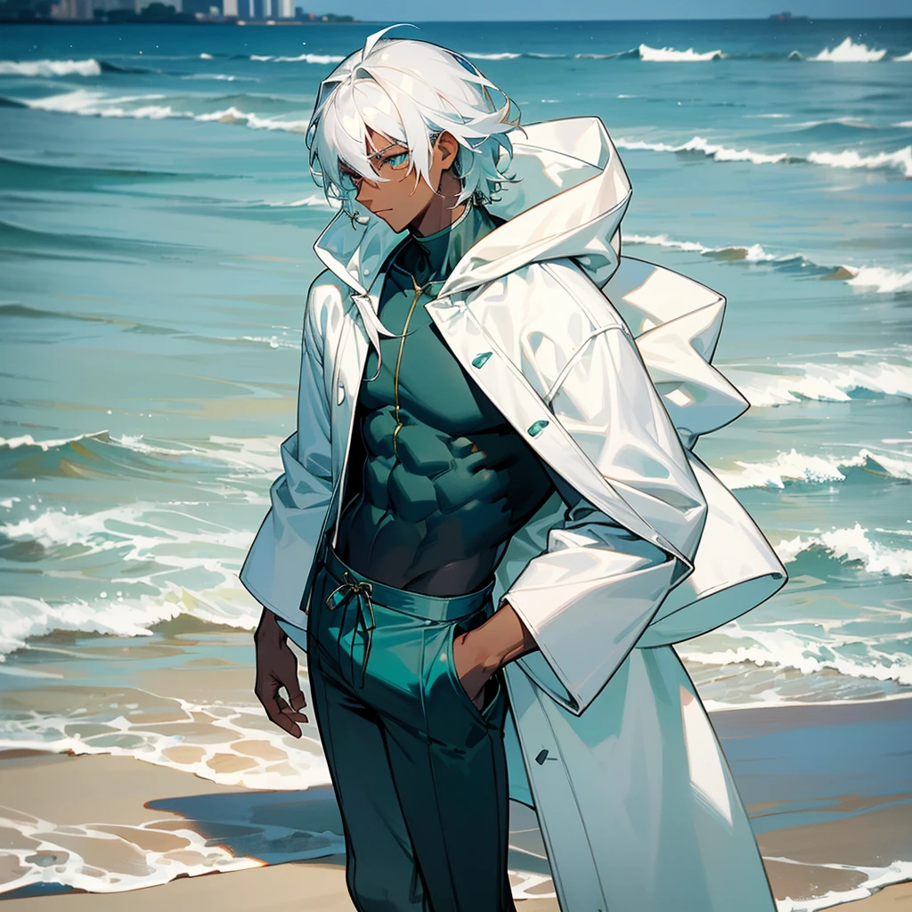 1male, young , dark skin, finely detailed aqua eyes, wild medium hair, seashell white hair color, loose, oversized hood, long sleeve compression shirt, standing with hand In pocket, tokyo streets, day time, beach, somber expression, muscular, flowers