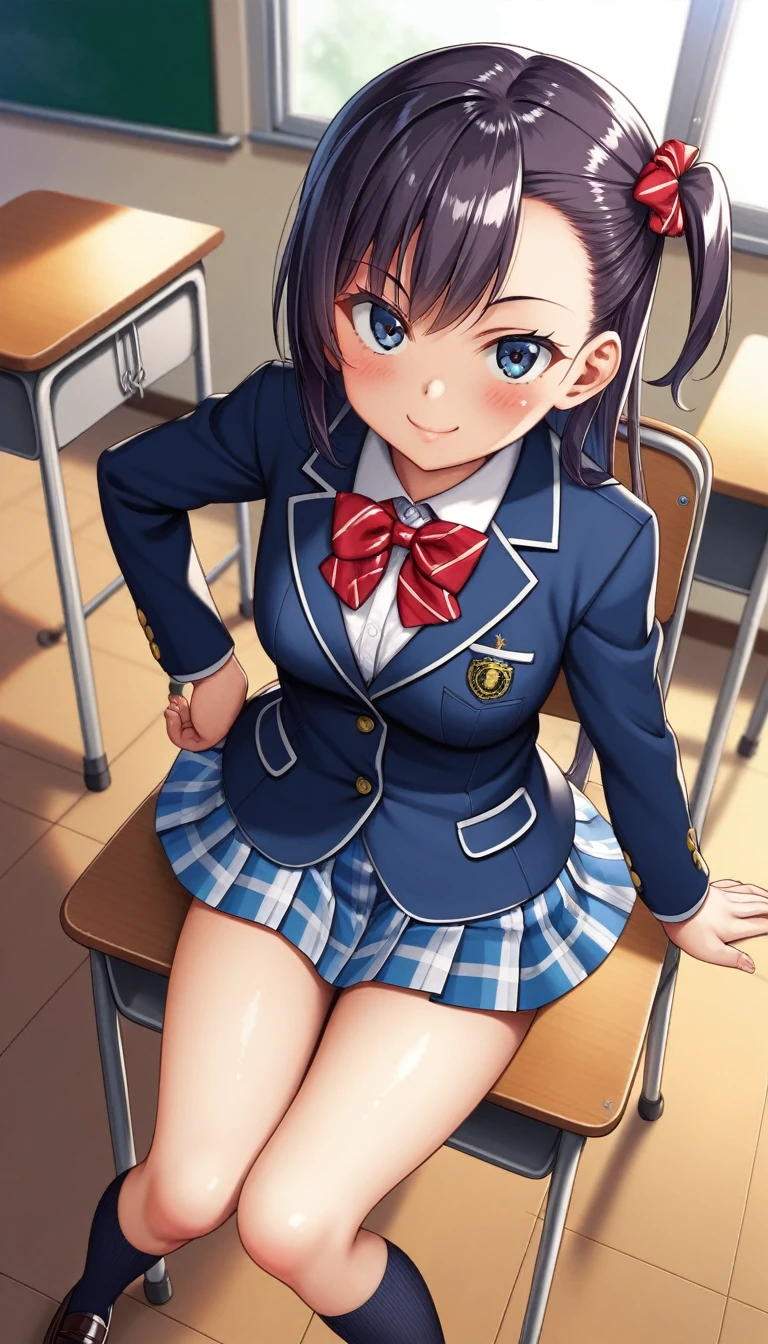 1girl, solo, otomune kozue, one side up, otonokizaka school winter uniform, red striped bow tie, navy blue blazer, blue striped skirt,socks,loafers,closed mouth, sitting on chair, from above, looking at viewer, smile, blush,put hands on hip, classroom, source_anime, score_9, score_8_up, 