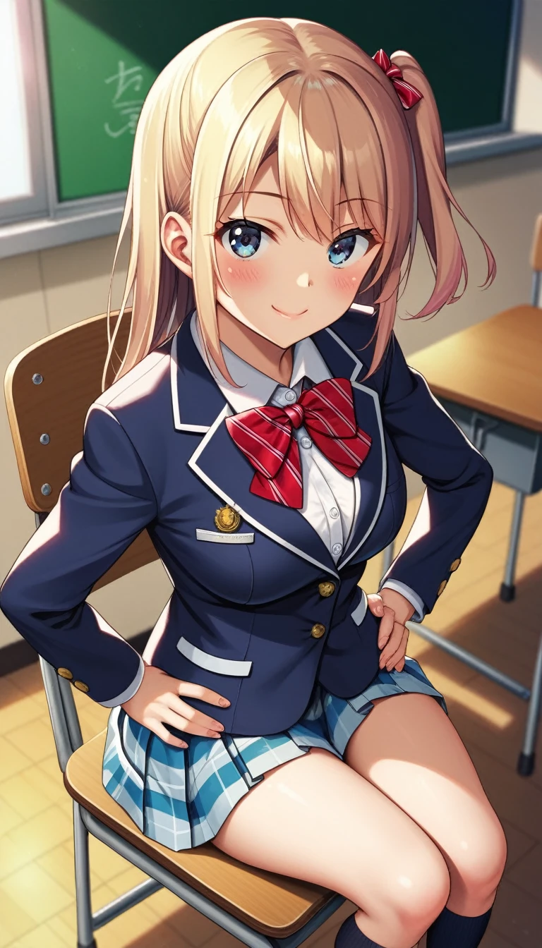 1girl, solo, otomune kozue, one side up, otonokizaka school winter uniform, red striped bow tie, navy blue blazer, blue striped skirt,socks,loafers,closed mouth, sitting on chair, from above, looking at viewer, smile, blush,put hands on hip, classroom, source_anime, score_9, score_8_up, 