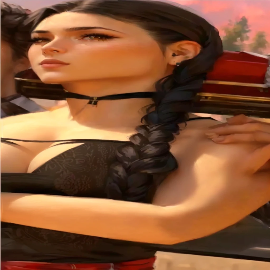 a closeup of a woman with a very long braid in a dress, glamorosa Tifa lockheart, seductive Tifa Lockhart portrait, Tifa Lockhart, Tifa, Tifa lockheart, with black pigtails, Tifa Lockhart portrait, portrait of Tifa Lockhart, Tifa Lockhart with white hair, Very detailed and high quality., Collection hair