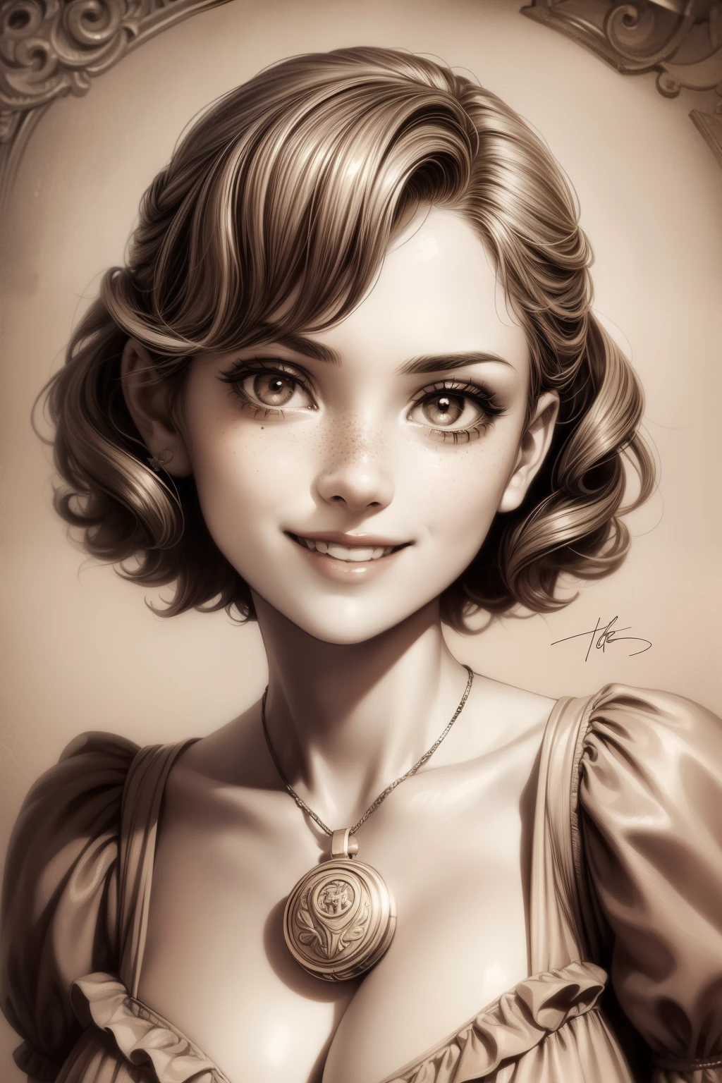 (masterpiece), best quality, expressive eyes, perfect face, Artwork, best quality, ultra-detailed, 1girl, short hair, 1930s vintage poster, monochrome dress, vintage color palette, curly hair, hand drawing art, dress with ruffles, smiling smile, freckles on face, cute smile, ((old photo effect)), large breasts, ((sepia effect)), breasts larger than head, ((portrait in a medallion)), ((locket)), ((pic in locket)), pov hands, ((portrait in round medallion)), photo of a woman in a locket, drawning concept design, signature at the bottom of the photo, ((Initials T.J in signature)), lewd countenance