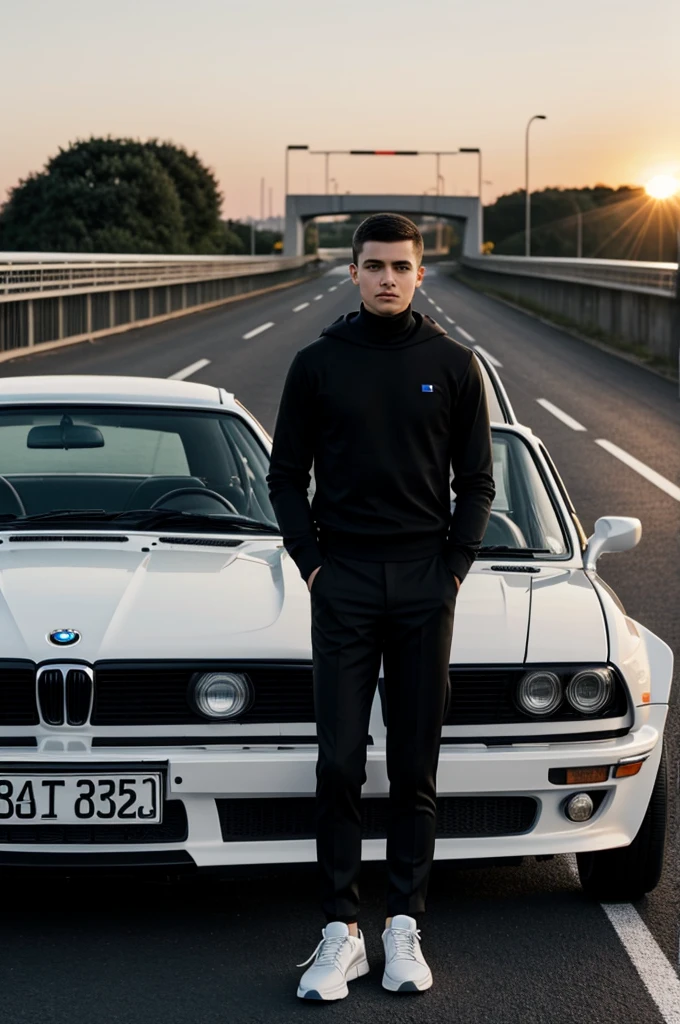 boy, 25 years, short haircut, white turtleneck with black pants and white sneakers, stands next to the hood of a BMW 2020 car, Against the background of the bridge, with sunset