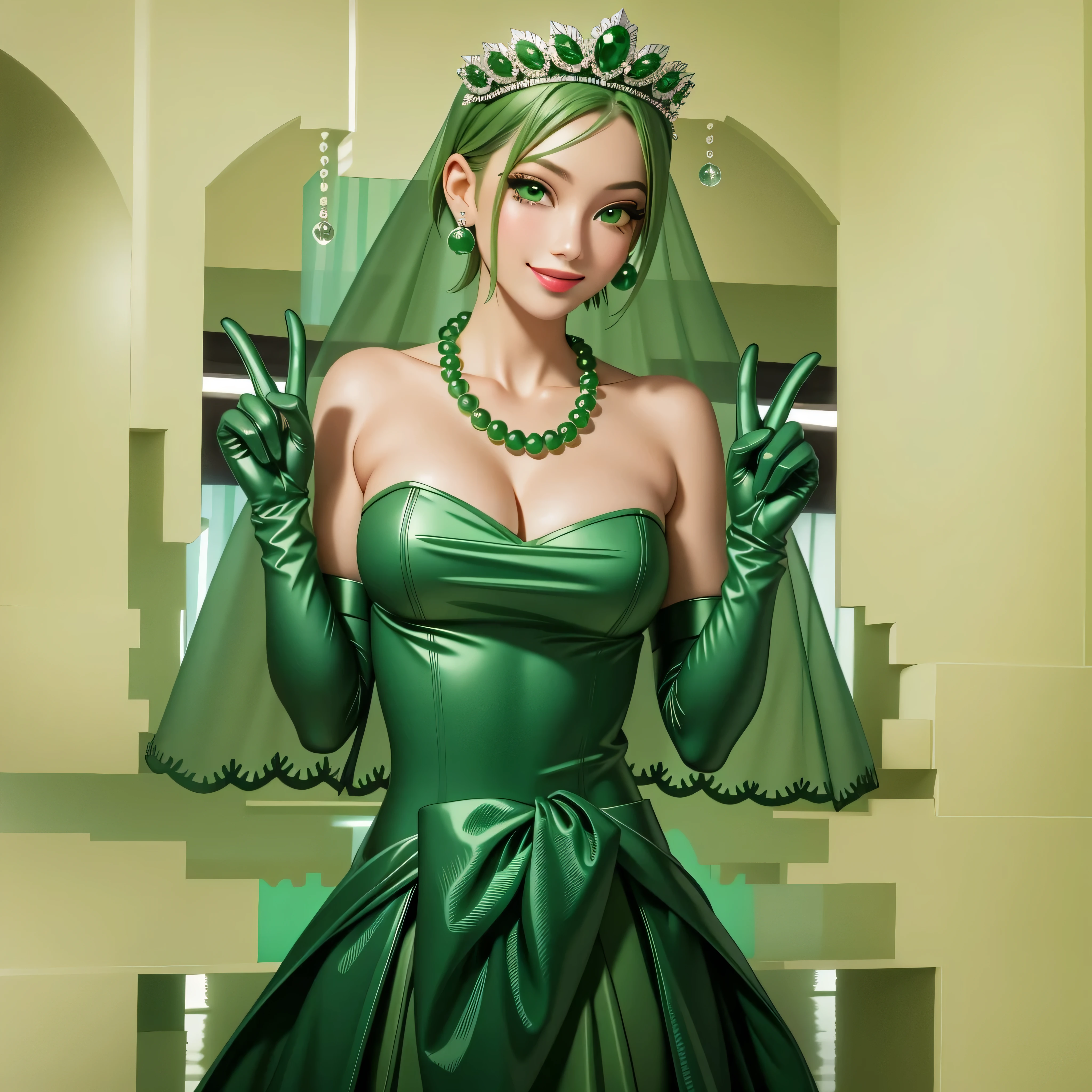 emerald tiara, Green Pearl Necklace, Boyish very short green hair, Green Lips, Smiling Japanese woman, Very short hair, Busty beautiful lady, Green Eyes, Green satin long gloves, Green Eyes, Emerald Earrings, Green veil, Vsain, Green Hair, Beautiful Japanese Women, green lip gloss