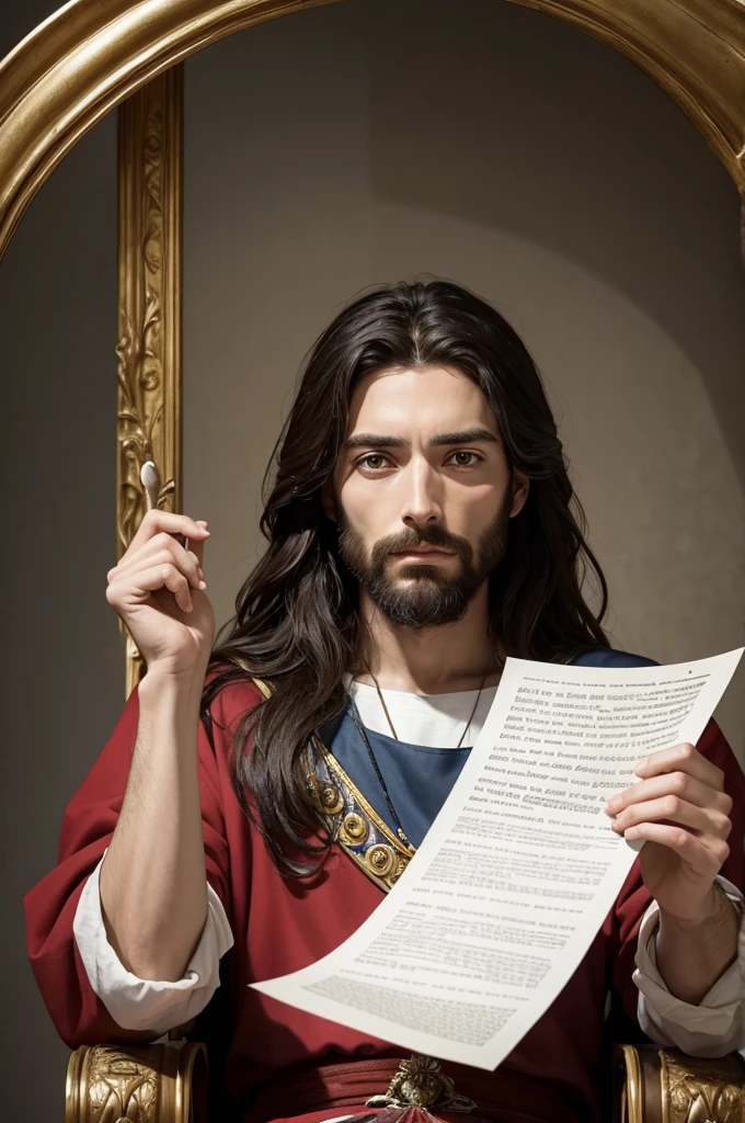 Jesus with his hand up left hand up and reading a peice of paper sit in a throne