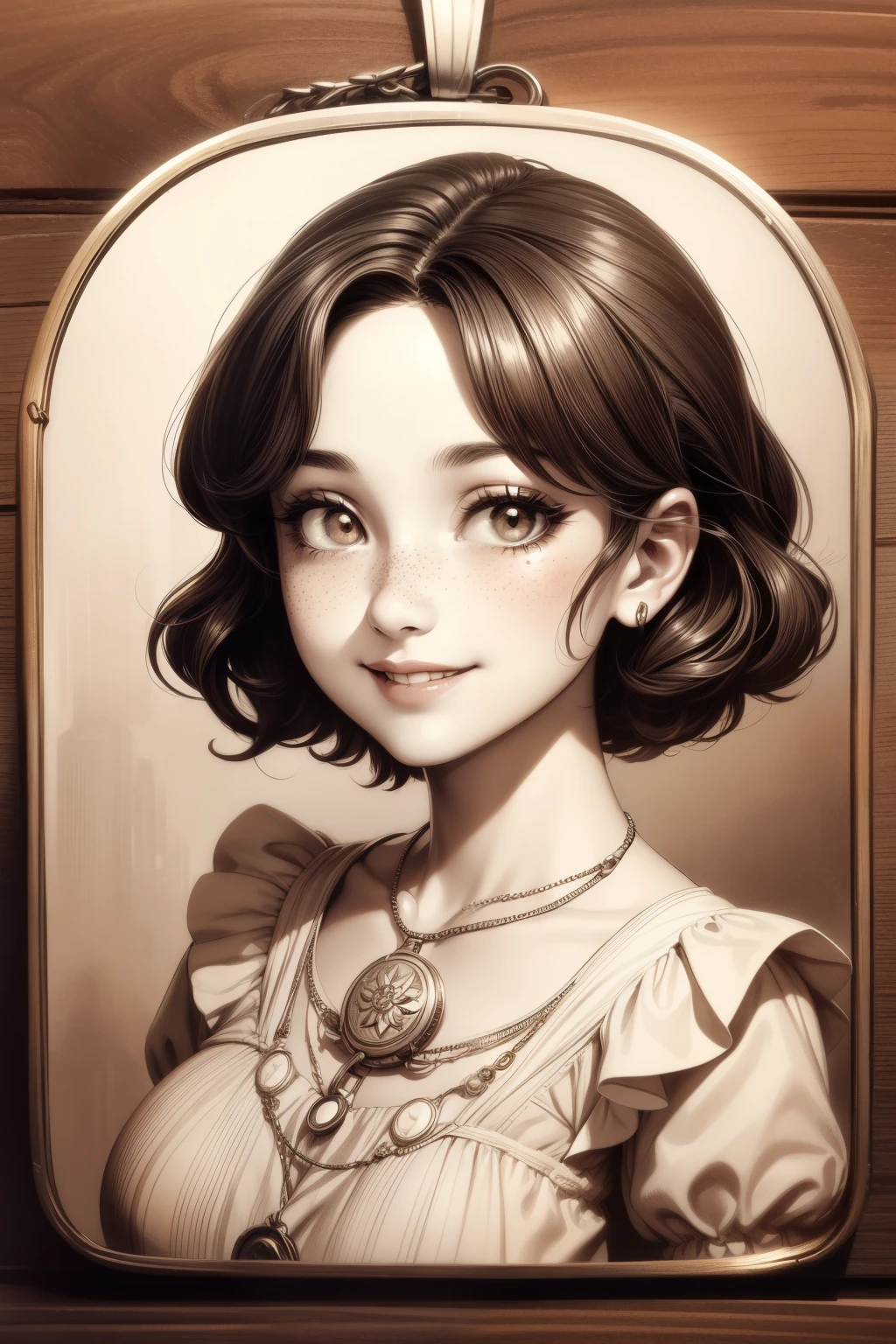 (masterpiece), best quality, expressive eyes, perfect face, Artwork, best quality, ultra-detailed, 1girl, short hair, 1930s vintage poster, monochrome dress, vintage color palette, curly hair, hand drawing art, dress with ruffles, smiling smile, freckles on face, cute smile, ((old photo effect)), large breasts, ((sepia effect)), breasts larger than head, ((portrait in a medallion)), ((locket)), ((pic in locket)), pov hands, ((portrait in round medallion)), photo of a woman in a locket, drawning concept design, signature at the bottom of the photo, Initials T.J in signature