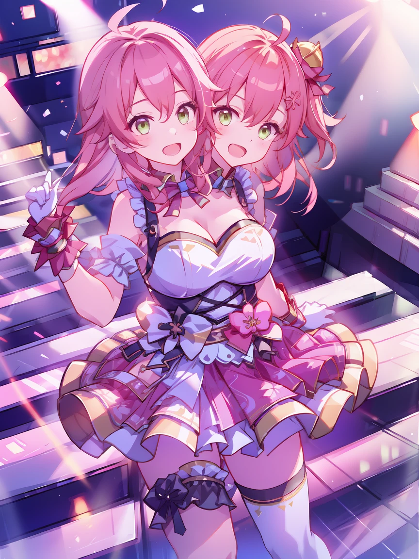(masterpiece, best quality), best resolution, 16k, close-up, BREAK (2heads:1.5), ((cheek to cheek)), 1girl, solo, BREAK miko4, hololive idol uniform, sakura miko, idol clothes, green eyes, ahoge, pink hair, x hair ornament, hairclip, single thighhigh, white gloves, long hair, floral print, bell, hair bell, cleavage, pink thighhighs, one side up, BREAK (standing, stand straight), look at viewer, (both hands above chest, perfect hands), ((cheek-to-cheek)), singing, open mouth, exciting, concert stage, starfield, spotlight, BREAK concert stage, spotlight