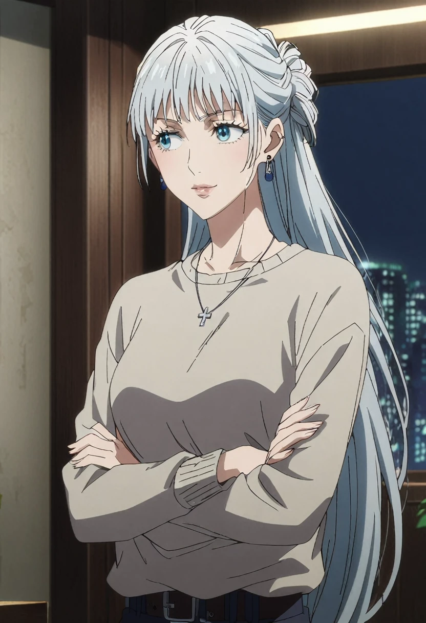 1girl, female gojo satoru, anime screencap from jujutsu kaisen, gojo satoru female version, solo, very long_hair, side bangs, ponytail, blue eyes ((silver_hair)), night view, breasts, upper_body, smile, indoors, book, bangs, red_eyes, lips, ((her hairstyle : The character in the image has long straight silver hair)) wearing sweater, breast, "very detailed and high resolution" (blue eyes) ((cross arms)) ((very long hair)) ((solo)) Earings, necklace