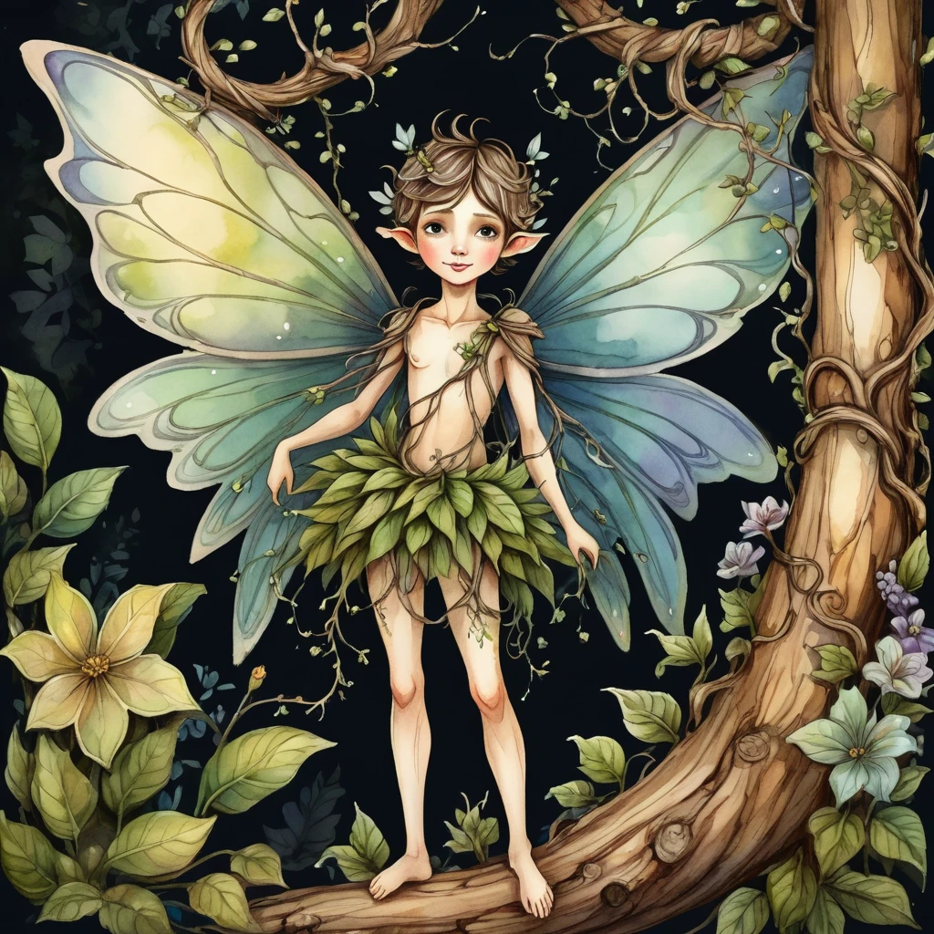 close up victorian illustration, a boy character figure made of wood and tree trunks, next to adult fairy. Facial features, arms and legs made of crooked branches and vines, the has a rustic and natural appearance, with twisted bark details and knots. Next to the character a centenial fairy. Front view, on a dark background of lush flowers, baroque illustration, watercolor, soft colors, the adult fairy wings are big, eerie, goth style