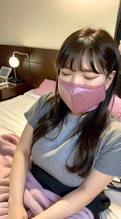 Girl with a vibrator, junior high school student with too big, 15 years old, sleeping on bed, plump, closing eyes, falling down, yawning, excitement, mask,