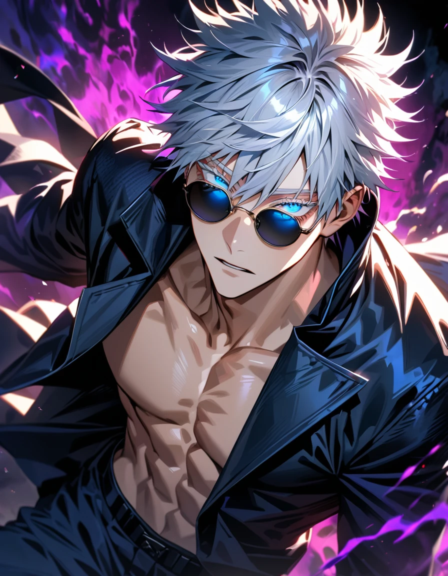 Ultra detailed, highres, absurdres, HDR, Gojo Satoru, white hair short with bangs, hair between the eyes, expressive blue eyes, white eyelashes, black round sunglasses, Jujutsu Kaisen, sexy man, solo, extremely handsome, very detailed face and eyes, black shirt, black long coat, toned chest, purple aura