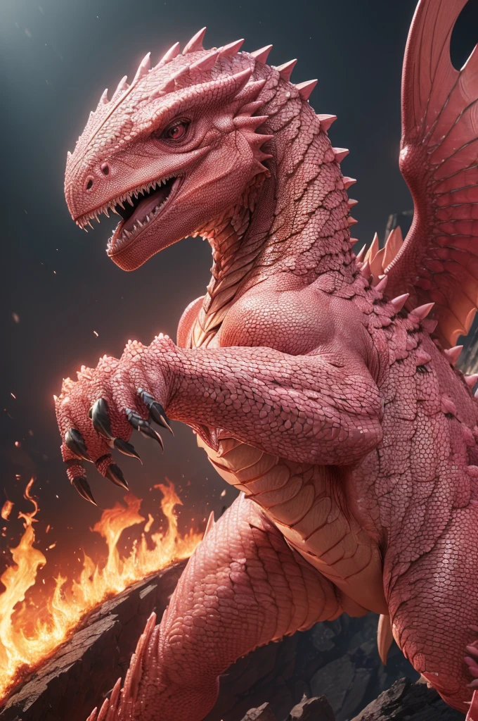 ((work of art, maximum quality, high resolution)), ((highly detailed 8K unified CG wallpaper)), Pink Dinosaur, Detailed scales and claws covered in armor-like scales, A pattern in pink and red, A symbol of fire and destruction, wide angle dynamic action photo,
