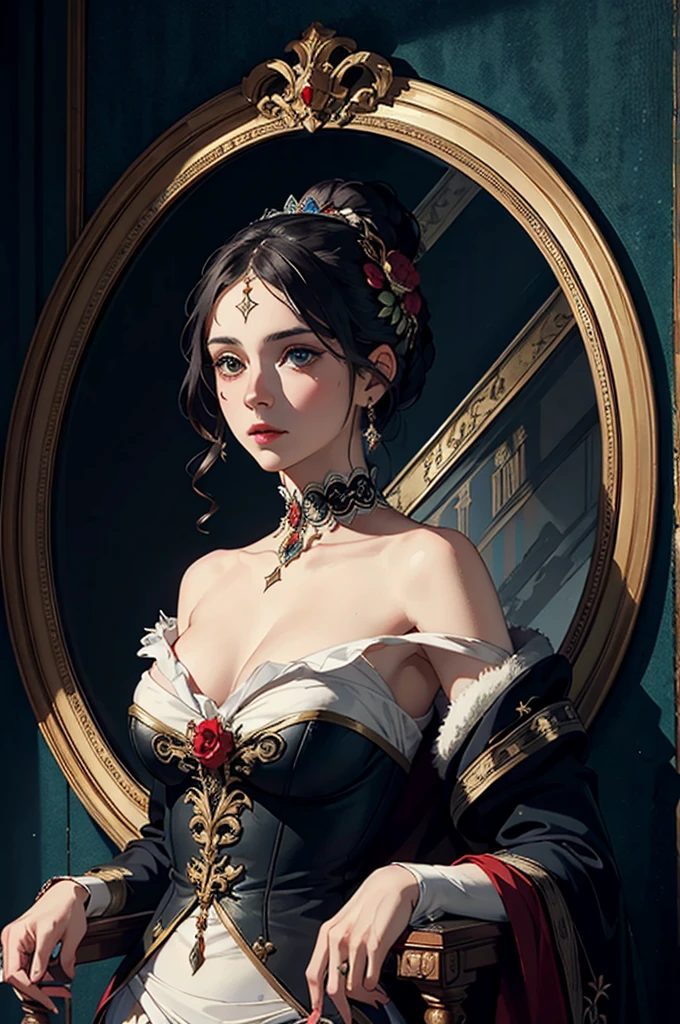 ((best quality)), ((masterpiece)), (detailed), Queen Salomè as in moreau's picture, sensual, elegant, on her face a serious and sad expression