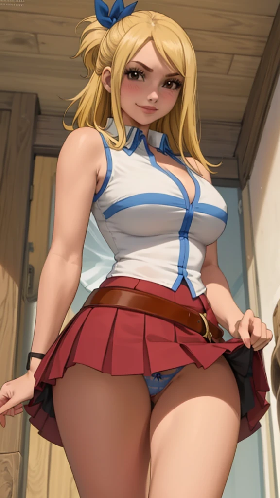 1 girl,(solo),(high-level image quality),(hight quality),(hight resolution),(detailed),(masterpiece),(artwork:1.2), (realistic),looking at viewer, Detailed eyes, perfect face, perfect eyes, Detailed face, brown eyes,(long blonde hair), (long shot),Lucy Heartfilia (fairy tail),shirt, cleavage,belt, blushed,(medieval Village), smile,(hair lace),standing,(from below:1.3),(fully exposed panties:1.5),(lift skirt:1.5),