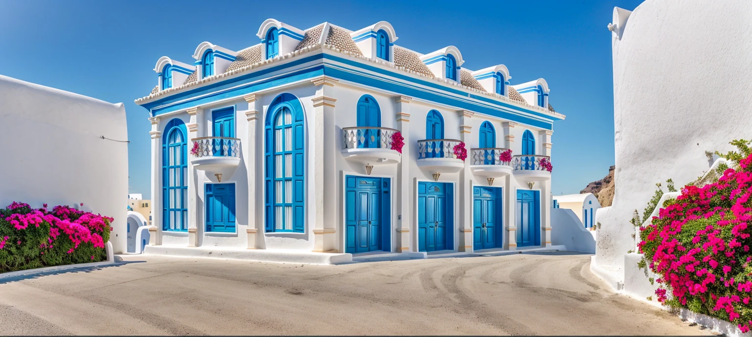 (1 santorini style house, The town house is made from white walls and some walls are painted bright blue)), beautyful light, beautyfulday, sunny, Many red bougainvilleas along the road:1.3, lovely youthful feeling :1.2, sunlight at 12 noon, Very beautiful shadows