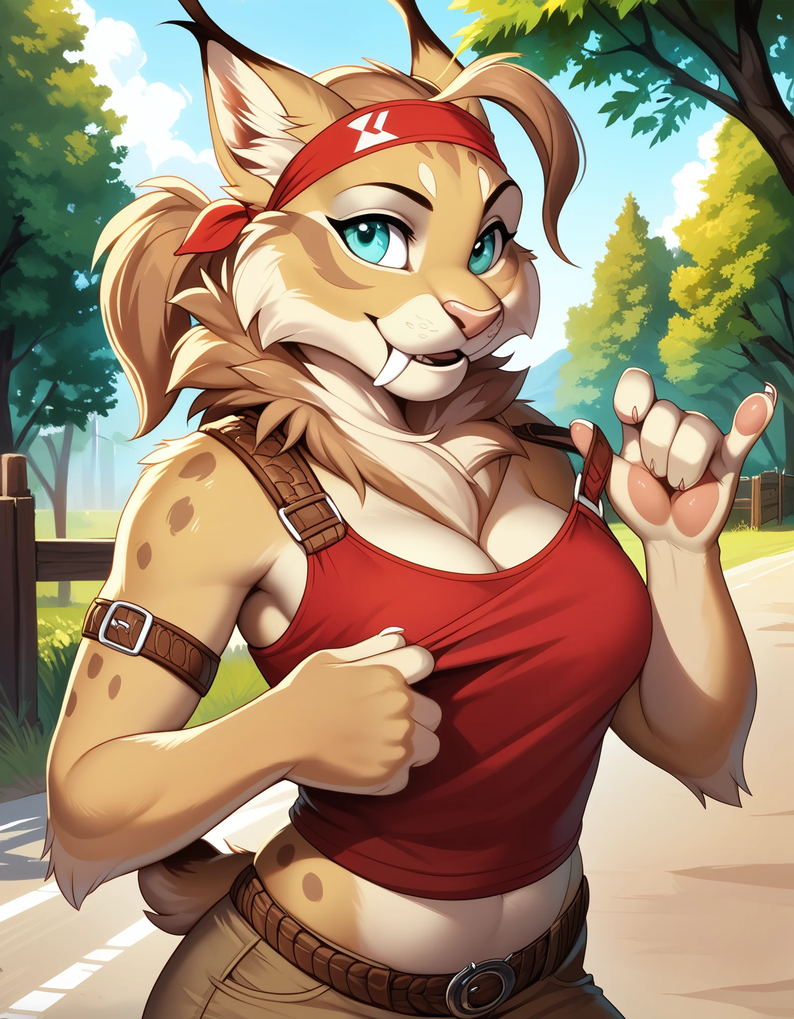 doubletroublexl, jade (kabscorner), 1girl, lynx, source_furry, realism, cowboy shot, belt across breasts, white and red shirt, headshot, upper body, face focus, solo, pulling on headband, female focus, happy, tan fur, red headband, short blond hair with fringe, white and red tank top, brown leather boob strap, thigh and arm straps, green outdoors background with trees and a wooden fence fence, clearing, road, building, detailed fur, score_9, score_8_up, score_7_up,