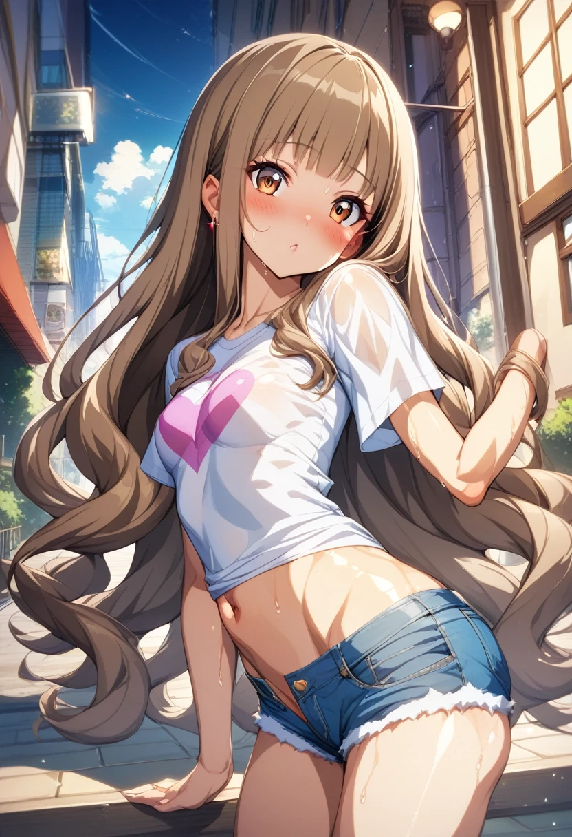 ((masterpiece,Highest quality;1.3,best illustration)),cowboy shot,1woman、25 year old beauty、独奏,((very small head:1.5)),brown hair,(straight hair),long hair,bangs,brown eyes,gorgeous eyes,blush,small breasts,((very long body:1.4)),((toned body,slender body:1.3,skinny:1.3)),gleaming skin,shiny skin,oily skin,sweat,(White tight T-shirt、denim micro shorts)、on street,Tokyo,