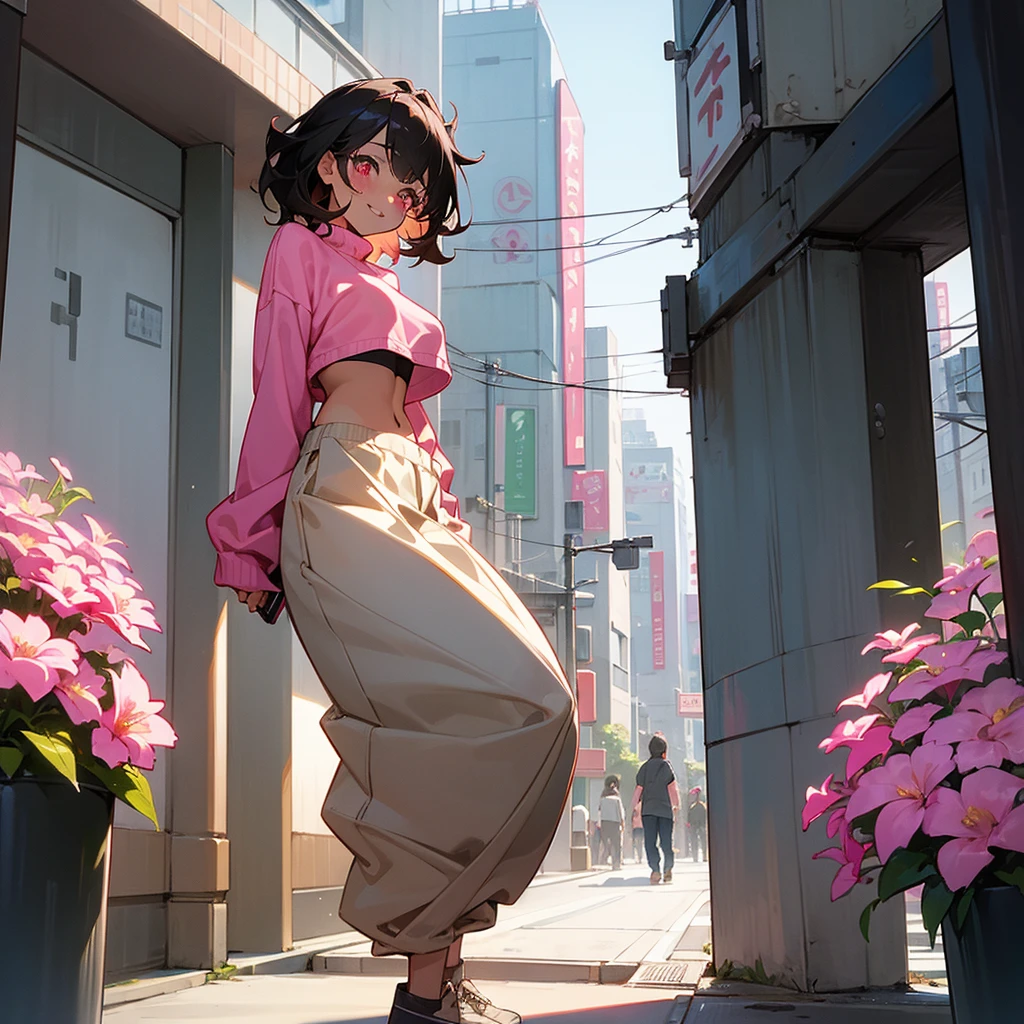 1female, sexy, young , tan skin, finely detailed pink eyes, wild medium hair, black hair color, crop top oversized sweater, baggy pants, standing on building, day time, tokyo streets, happy expression, flowers, blushing