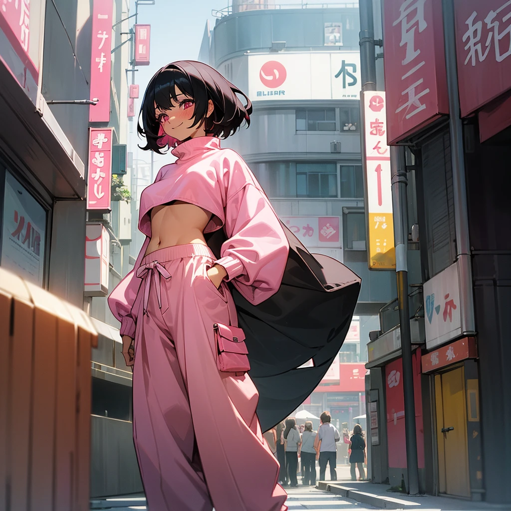 1female, sexy, young teen, tan skin, finely detailed pink eyes, wild medium hair, black hair color, crop top oversized sweater, baggy pants, standing on building, day time, tokyo streets, happy expression, flowers, blushing