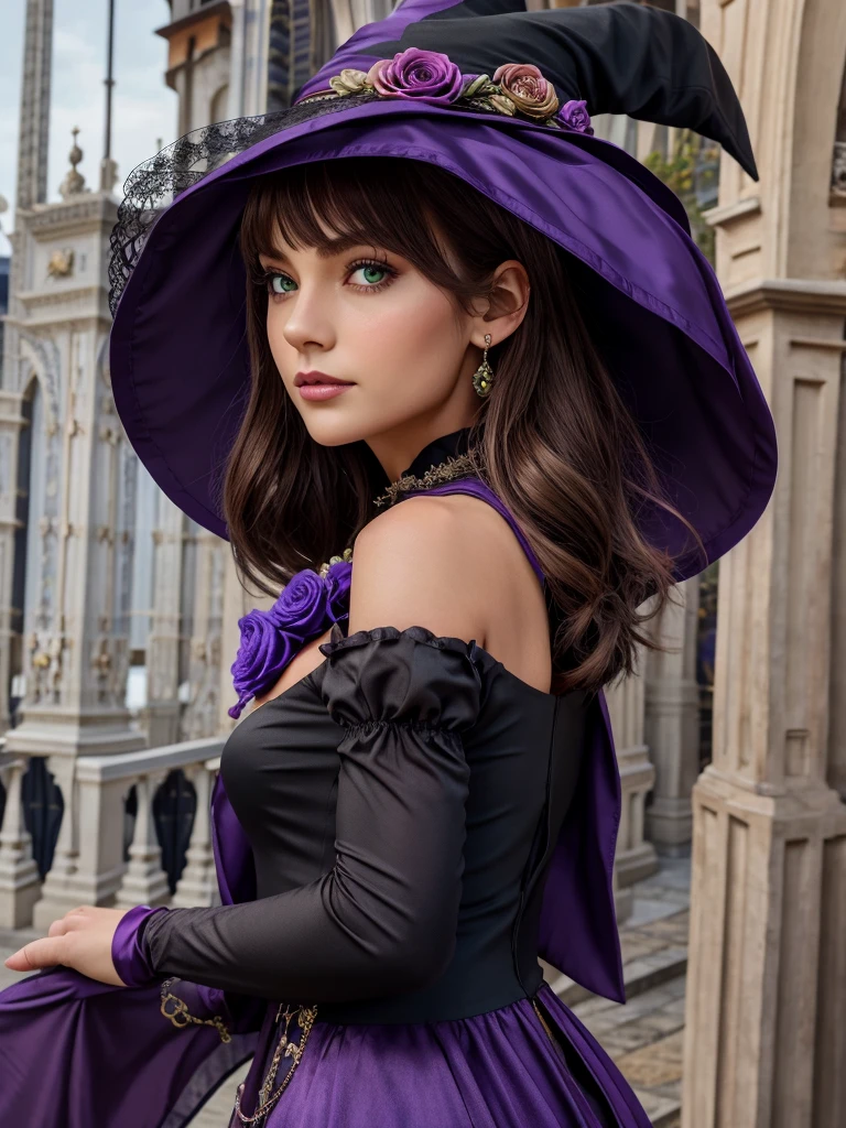 a beautiful girl, perfect face, arms at sides, masterpiece, ultra high res, high quality, 4k, upper body:1.5,  lisa (genshin impact), urple witch hat, green eyes, brown hair, (PureErosFace_V1:0.008), (european:1.6), bangs, dress, rose, jewelry, witch, capelet, purple headwear, black gloves, purple flower, hair between eyes, purple rose, parted lips, purple capelet, hat flower, multicolored dress, hair ornament,  windmill, from side,