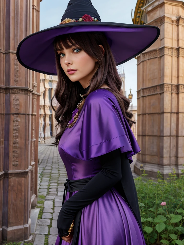 a beautiful girl, perfect face, arms at sides, masterpiece, ultra high res, high quality, 4k, upper body:1.5, lisa (genshin impact), urple witch hat, green eyes, brown hair, (PureErosFace_V1:0.008), (european:1.6), bangs, dress, rose, jewelry, witch, capelet, purple headwear, black gloves, purple flower, hair between eyes, purple rose, parted lips, purple capelet, hat flower, multicolored dress, hair ornament, windmill, from side,